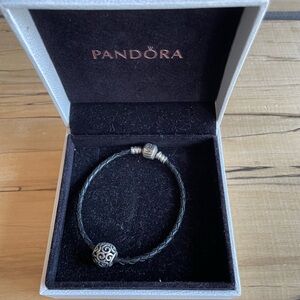 Pandora Single Black Leather Charm Bracelet w/Charm in box